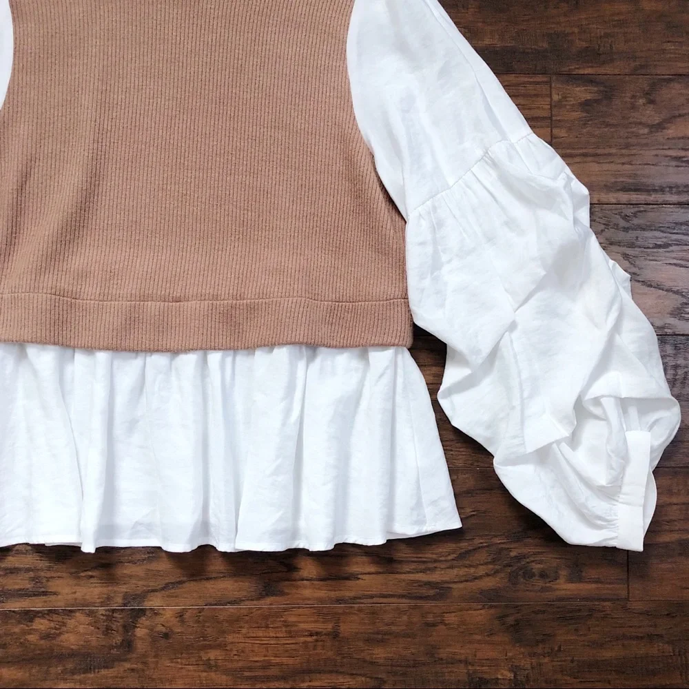 Anthropologie • Ruffled Layered Top tan sweater vest white puff sleeve blouse